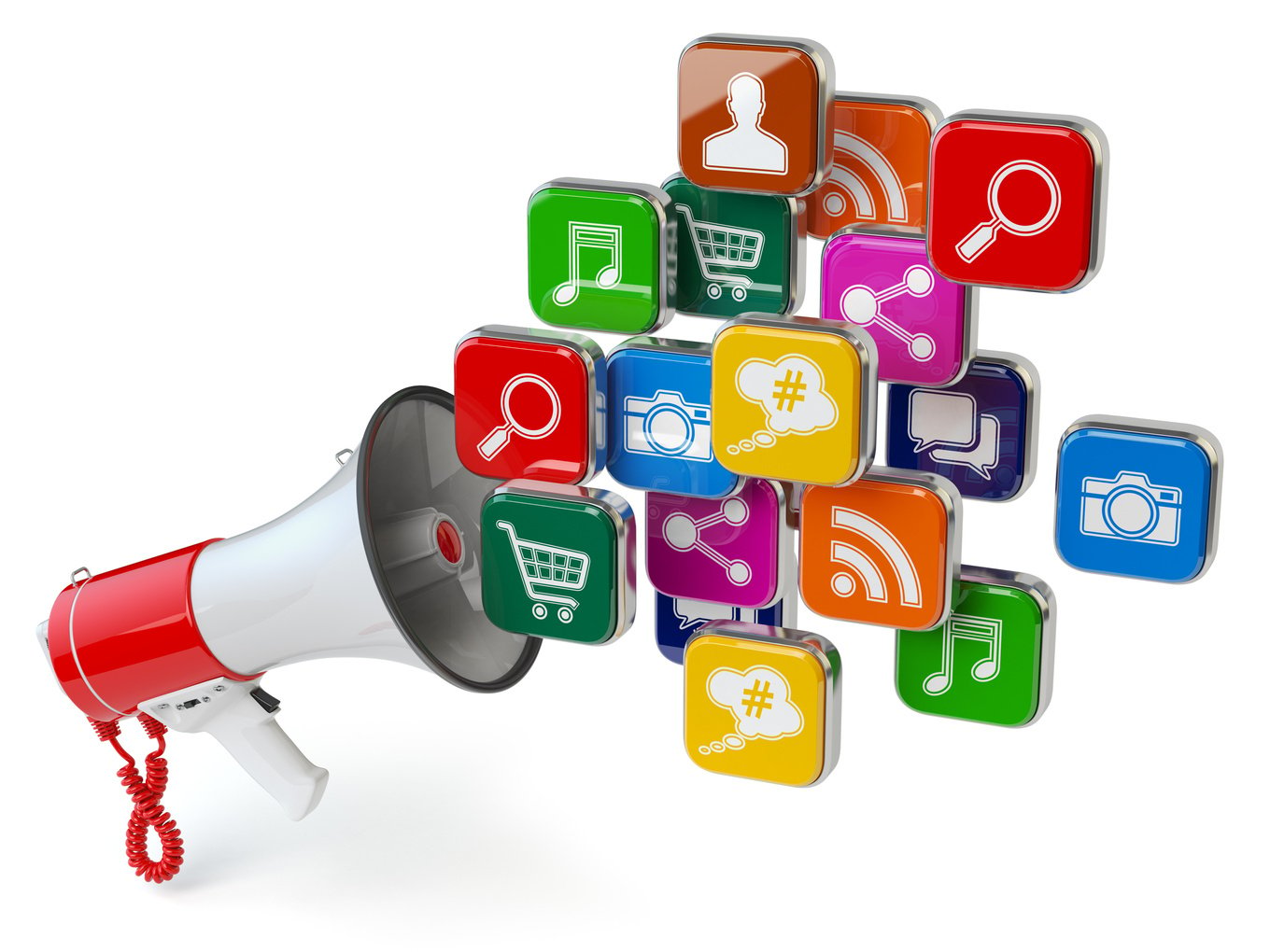 Megaphone with cloud of application icons. Digital marketing con